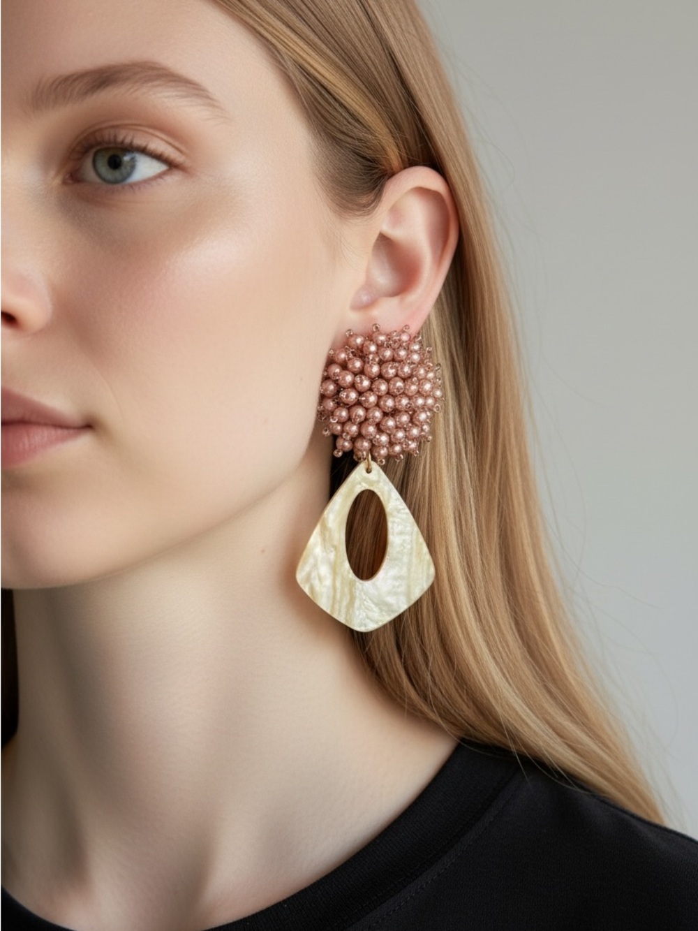 9/16 Chunky Pink Pearl Cluster & Cream Shell Drop Earrings